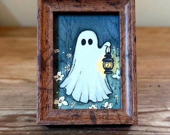 Little ghost original mini framed painting Aceo