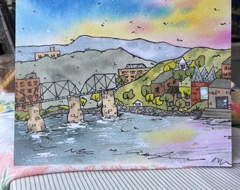 Chattanooga Art Print – Walnut Street Bridge & City Skyline – Colorful Tennessee Wall Decor – 8x10