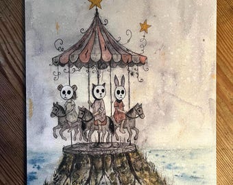 Whimsical Carousel Forest Print – Surreal gothic art – 8x10 Wall Art