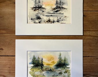 Thaw and Bloom set, Original Watercolor Landscape Pair of 2 Atmospheric Nature Paintings