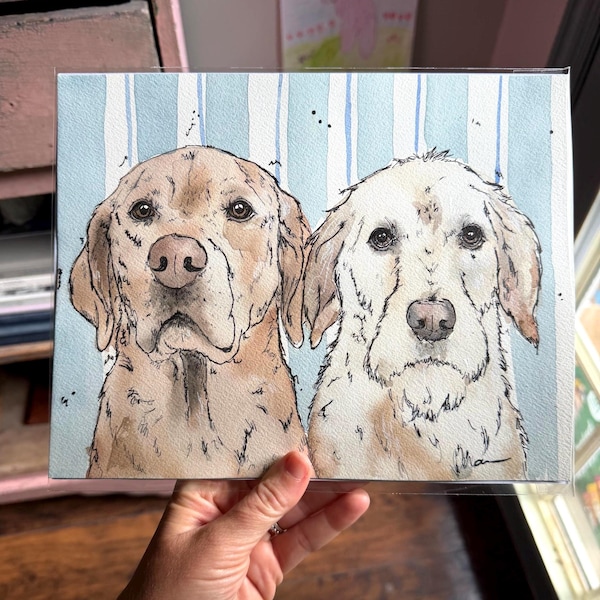 Portrait expressif personnalisé d'animal de compagnie, style encre et aquarelle.