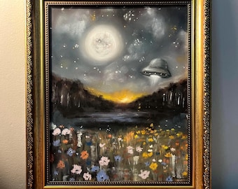 Moonlit Wildflower Valley with UFO – 8x10 Art Print – Surreal Night Sky Landscape