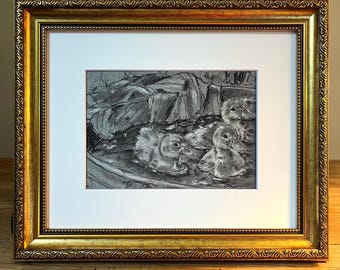 Baby Ducklings Charcoal Art Print | Whimsical Farmhouse Nursery Decor (5x7)