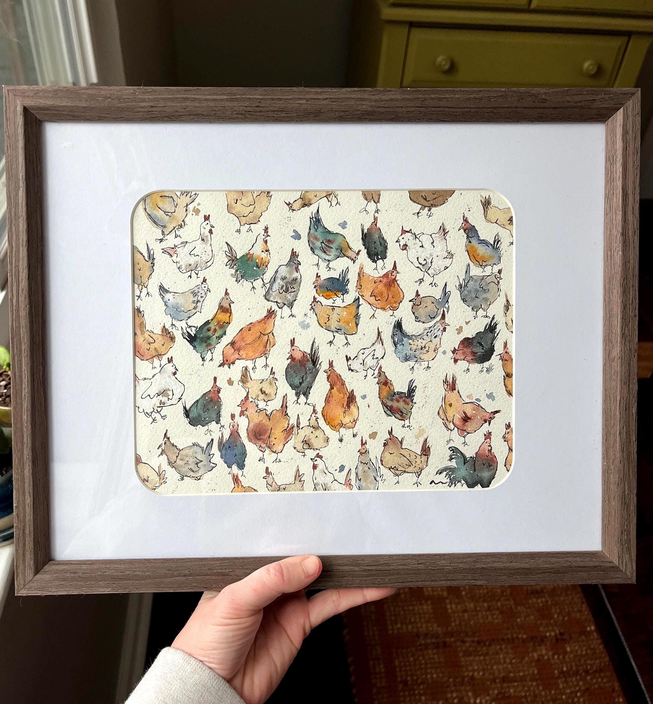 Original Chicken Watercolor Painting Print - Line and Wash Art (8x10)