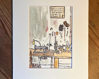 Cozy Artist Studio Print: Sewing Machine & Workbench Watercolor Art