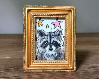Framed Mini Original Raccoon Painting | Woodland Nursery Decor | Tiny Original Artwork