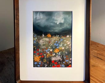 Original Soft Pastel Wildflower Meadow Landscape – Framed Pastel Painting, One-of-a-Kind Artwork in Wooden Frame