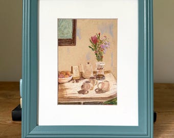 Original Pastel Painting, Coffee Table Still Life, Framed 5x7 Artwork, Cottagecore Kitchen Decor