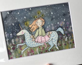 Original Watercolor Print: Fairy Tale Unicorn Art (5x7)