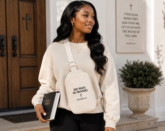 Christian Crossbody Bag for Women | She Prays He Provides Sling Bag | Faith Based Gift for Her | Church Bag | Matthew 6:33