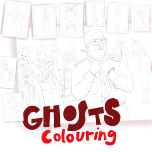 May include: A black and white coloring book featuring a group of ghosts in various poses. The title of the book is "Ghosts Colouring" in red lettering.