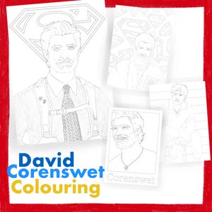 May include: A selection of black and white colouring pages featuring portraits of David Corenswet. The pages include images of the actor in various poses, with the Superman logo visible on one page. The words "David Corenswet Colouring" are displayed in blue and yellow.