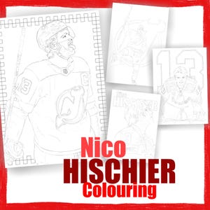 Puede incluir: Páginas para colorear en blanco y negro con Nico Hischier, un jugador de hockey. Las páginas muestran a Hischier en diferentes poses, incluyendo patinando y disparando el disco. El texto "Nico Hischier Colouring" está en la parte inferior de la página.