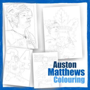 Puede incluir: Páginas para colorear en blanco y negro con el jugador de hockey Auston Matthews vistiendo una camiseta de los Toronto Maple Leafs. Las páginas incluyen un primer plano de su rostro, una imagen de cuerpo entero y un logotipo del equipo.