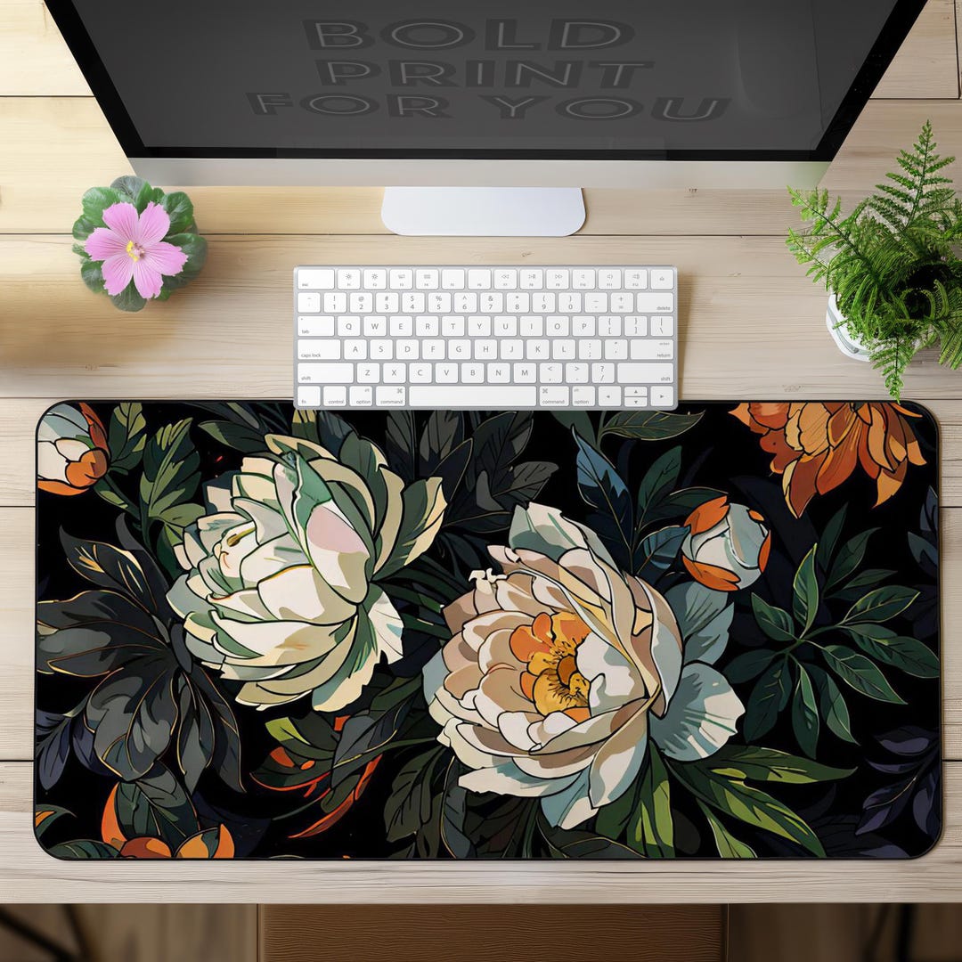 YUANSM Extra Large Desk Mat 35.4x15.7 Inches – White Peonies Design, Non-Slip Rubber Base, 3mm Thick – For Keyboard, Mouse, Laptop