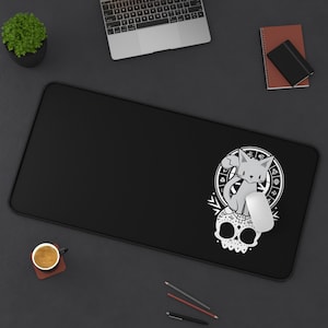Night Kitten Desk Mat, dark academia gaming mouse mat, Keyboard Laptop Gaming Desk Pad, kawaii goth large mousepad, dark cottagecore deskmat