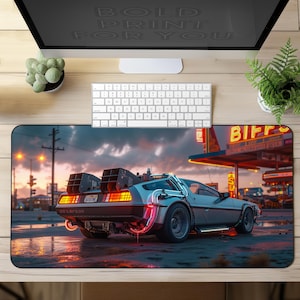 DeLorean DMC-12 Desk Mat, Retro car gaming mouse mat, Cyberpunk Gaming Desk Pad,  Futuristic car mousepad large, XXL extended deskpad