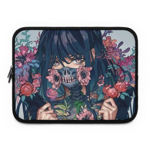 Anime girl with mask and flowers Laptop sleeve 13, 14, 15, 17 inch laptop bag, laptop accessories, laptop cover, Anime manga macbook sleeve