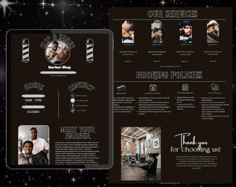 May include: A dark brown Acuity scheduling template for a barber shop. The template includes sections for services, booking policies, and contact information. The design is streamlined and cohesive, with a modern aesthetic.