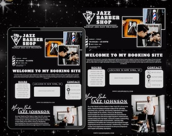 May include: A black and white graphic design template for a barber shop. The template features the text "Jazz Barber Shop" and "Welcome to my booking site". The template also includes a section for hours of operation, contact information, and a location map. The template is designed to be used on a website or social media.