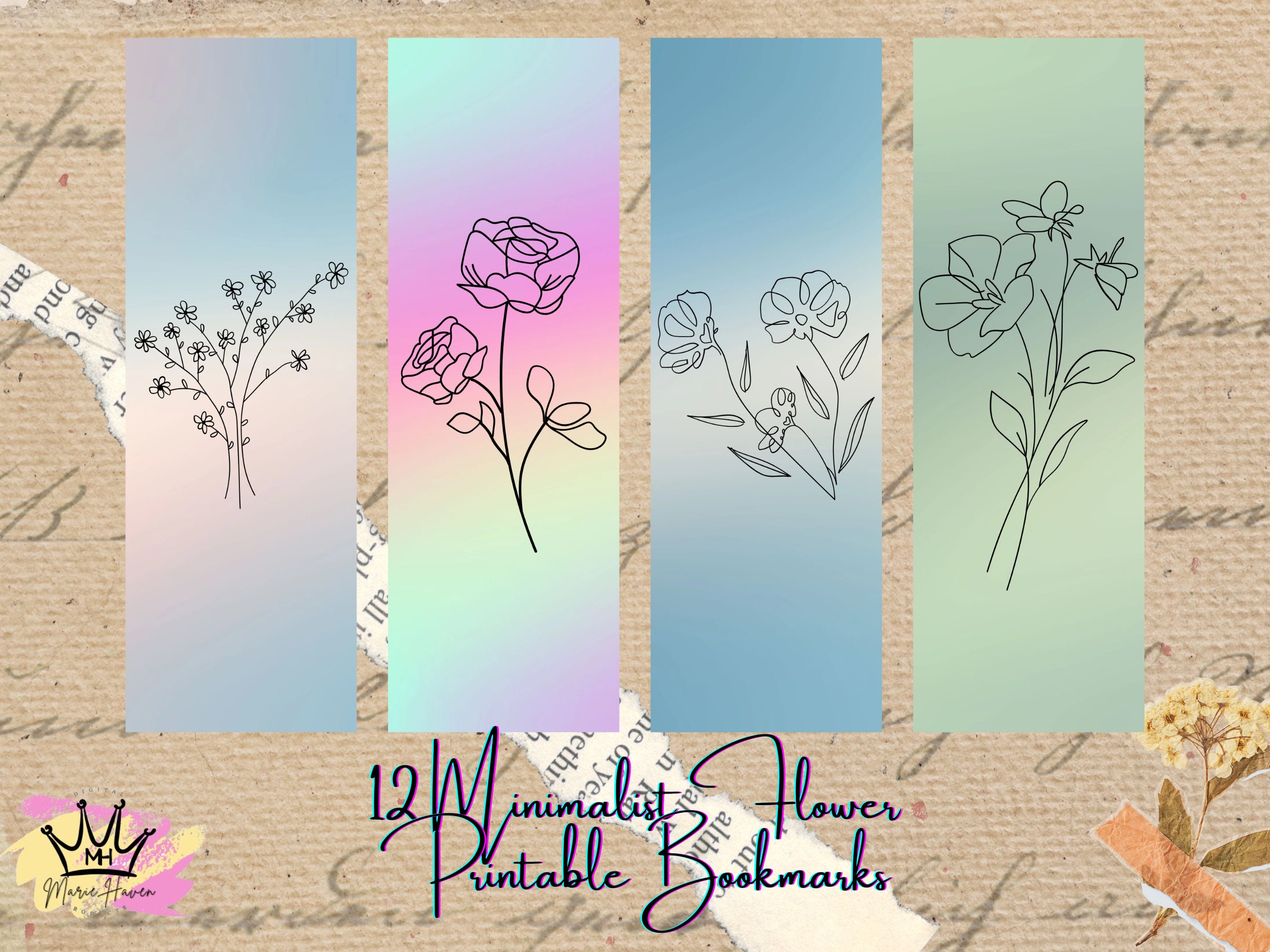 Minimalist Flower Printable Bookmarks Set Digital Download Gift Ideas ...