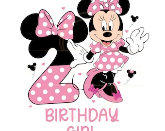May include: A graphic featuring Minnie Mouse in a pink polka dot dress and bow, with a pink polka dot number 2 and the words "Birthday Girl". Black Mickey Mouse silhouettes and pink hearts are scattered on a white background.