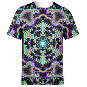 Psychedelic All-Over Print Geometric Neon T-Shirt, Trippy Graphic Shirt, Psychedelic Festival Tee, Psychedelic Print, Bold Artistic Top