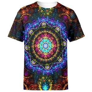 Psychedelic All-Over Print Mandala Eye T-Shirt, Trippy Kaleidoscopic Tee, Cosmic Festival Shirt, Unisex Psychedelic Print, Bold Artistic Top