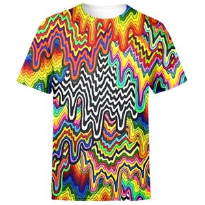 Psychedelic All-Over Print Dripping Waves T-Shirt, Trippy Zigzag Graphic Tee, Retro Festival Shirt, Psychedelic Print, Bold Artistic Top