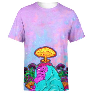 Psychedelic All-Over Print Gorilla T-Shirt, Trippy Mushroom Cloud Tee, Cosmic Festival Shirt, Unisex Psychedelic Design, Bold Artistic Top