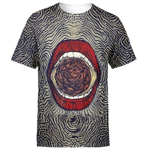 Psychedelic All-Over Print Surreal Mouth T-Shirt, Trippy Abstract Tee, Avant-Garde Artistic Shirt, Psychedelic Print, Free US Delivery