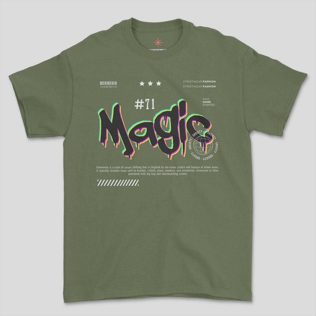 Neon Glitch Magic Streetwear T-shirt With Globe Barcode and Retro Text ...