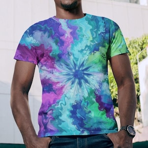 Psychedelic T-Shirt, Tie-Dye All-Over Print Tee, Trippy Festival Shirt, Abstract Graphic Design, Vibrant Unisex Burst Tie-Dye Tee