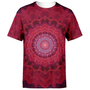 Kaleidoscope T-Shirt, Tie-Dye Red Mandala Design, Psychedelic Festival Tee, Geometric Abstract Design Unisex All-Over Print Shirt