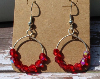 Small Red Beaded Hoop Earrings