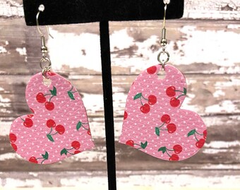 Vegan Faux Leather Pink Cherry Print Heart Earrings