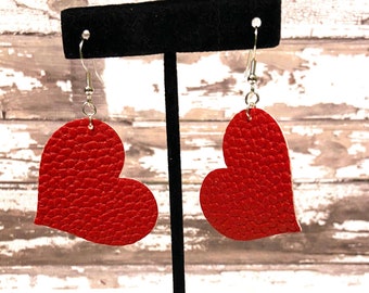 Vegan Faux Leather Red Heart Earrings