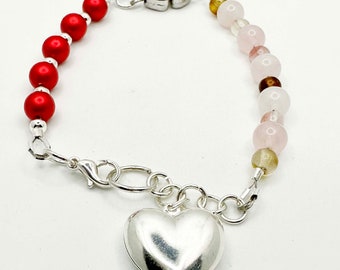 Rose Quartz & Swarovski Pearl Beaded Heart Charm Bracelet