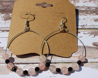 Rose Quartz and Black Onyx Gemstone Beaded Hoop Earrings