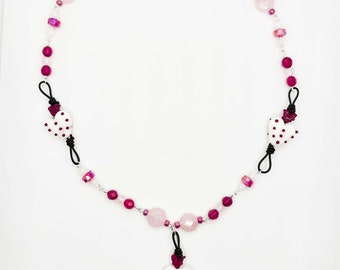Beaded Link Rose Quartz & Crystal Heart Necklace with Vegan Leather