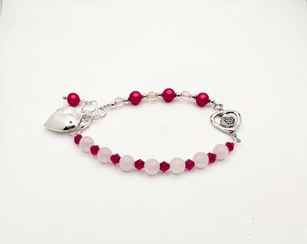 Beaded Rose Quartz and Ruby Swarovski Crystal Silver Heart Charm Bracelet