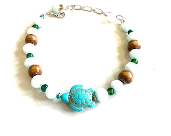Beaded Gemstone and Crystal Summer Turtle Bracelet - Adjustable