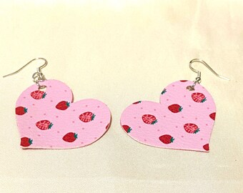 Vegan Faux Leather Pink Strawberry Print Heart Earrings