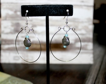 Handmade Beaded Seashell Hoop Earrings Silver Hoops