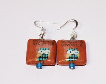 Recycled Paper Beaded  Owl Love Earrings