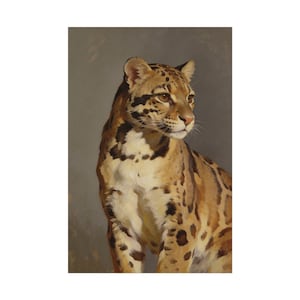May include: A painting of a clouded leopard. The big cat has a tan coat with dark brown spots and markings. The leopard is looking to the right with a focused gaze. The background is a muted grey.