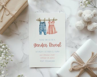May include: A gender reveal party invitation with a watercolor illustration of a pair of overalls and a dress hanging on a clothesline. The text reads "Please join us for a gender reveal, Saturday | October 5 | 7:00PM, 1443 Sprague Court, Gypsum, OH 46852, RSVP: 5556482496".