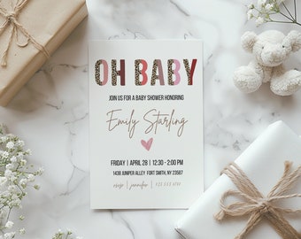 Convite editável para chá de bebê, convite personalizado para bebê, convite para chá de bebê com estampa de leopardo, download instantâneo, meio leopardo, anúncio de bebê