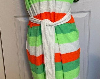 striped terry cloth beach cover . retro beach cover . terry cloth dress . beach cover up . lounge dress