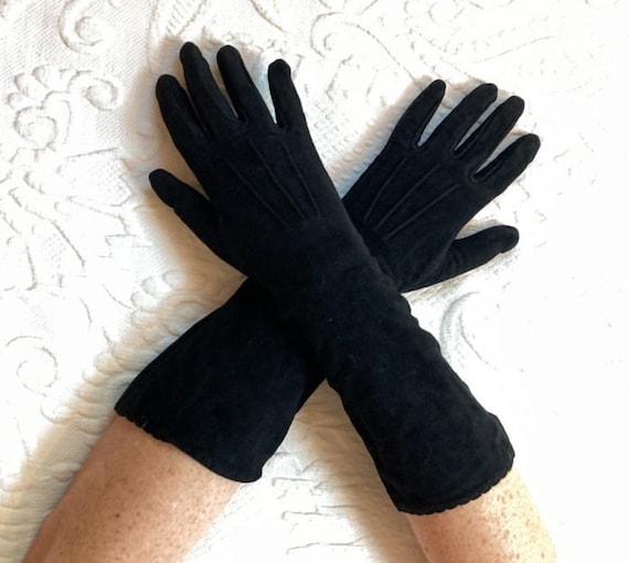 black evening gloves . wear right. deep black vel… - image 1